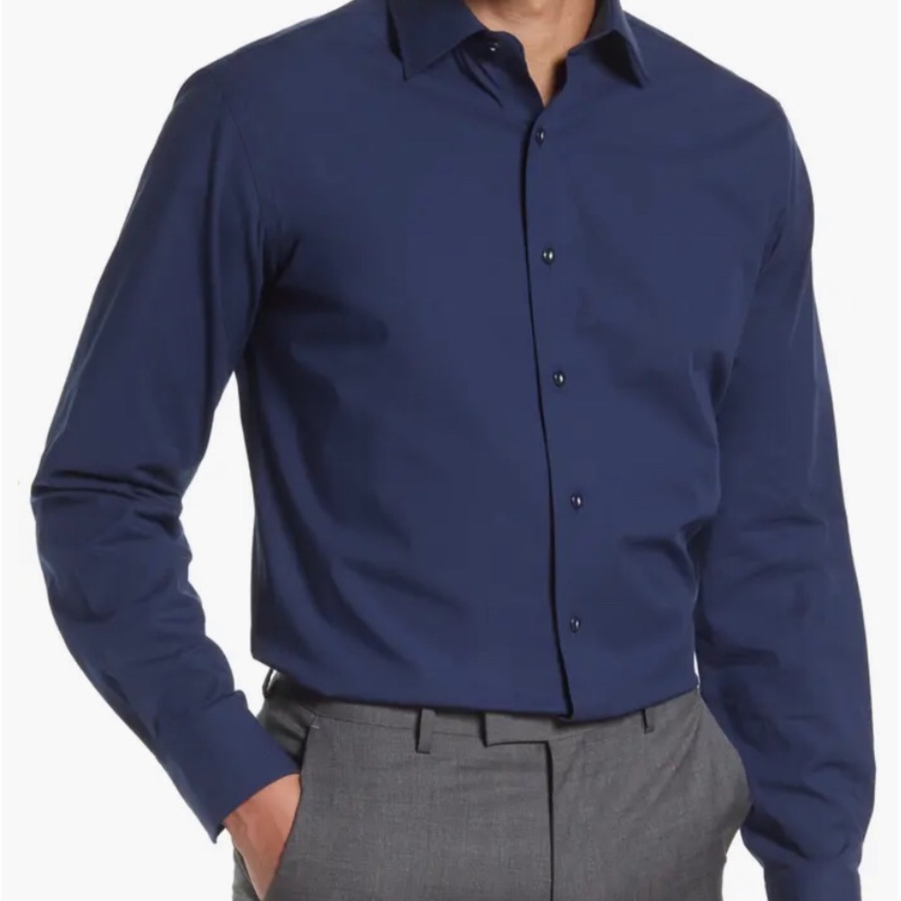 NWT Lorenzo Uomo Trim Fit Dress Shirt Navy Size Large 17 X 36/37